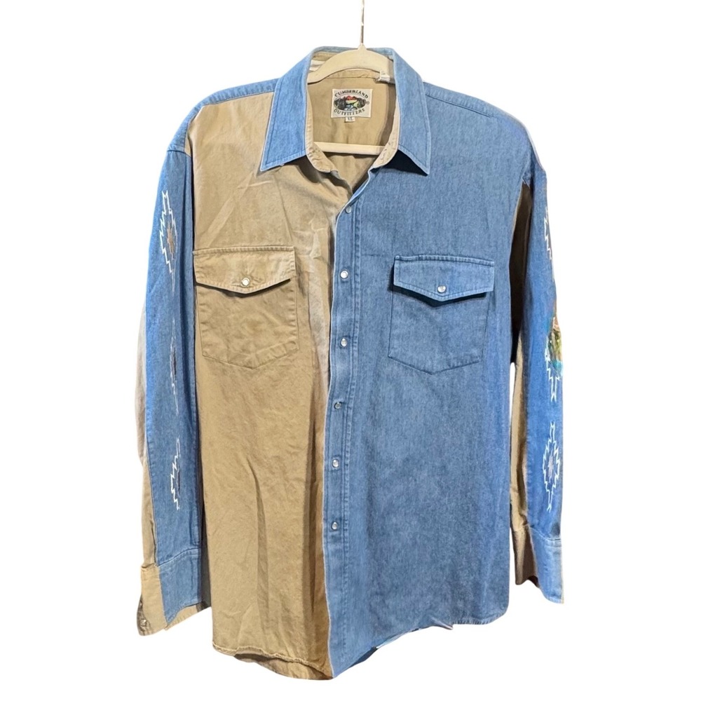 Cumberland Outfitters Western Shirt Mens XL Embroidered Two Tone Denim Tan Blue